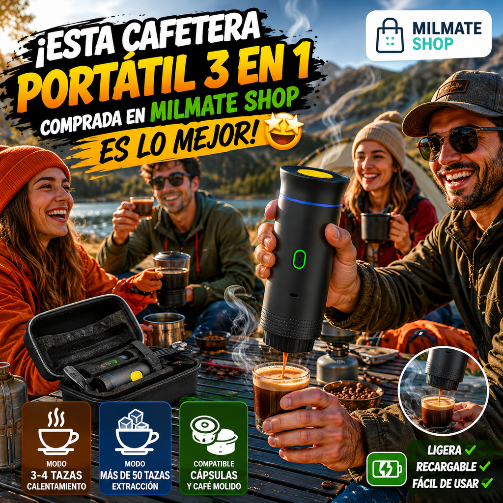 "Disfruta del café caliente en cualquier lugar en menos de 3 minutos" Compatible con cápsulas y café molido