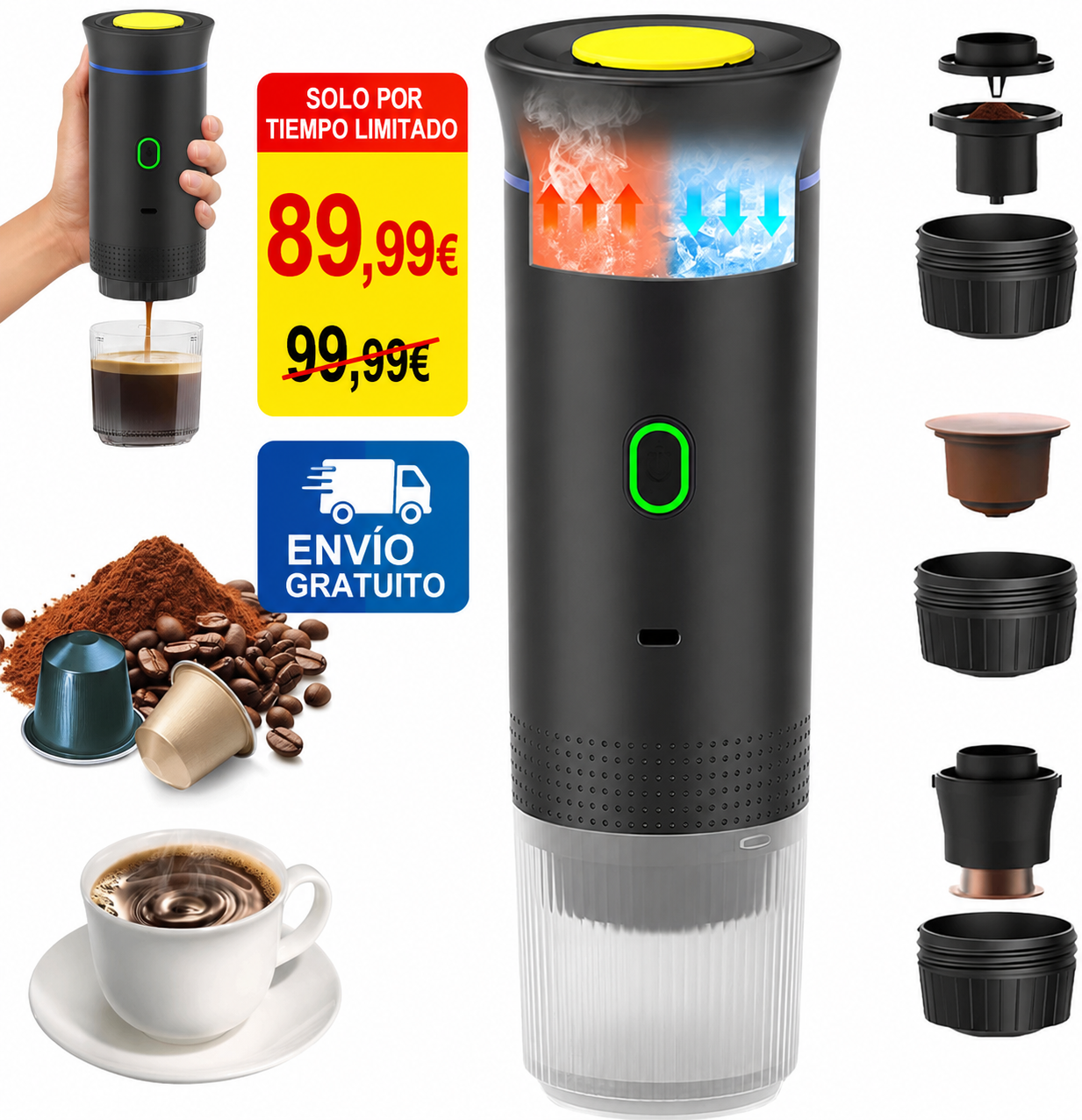 "Disfruta del café caliente en cualquier lugar en menos de 3 minutos" Compatible con cápsulas y café molido