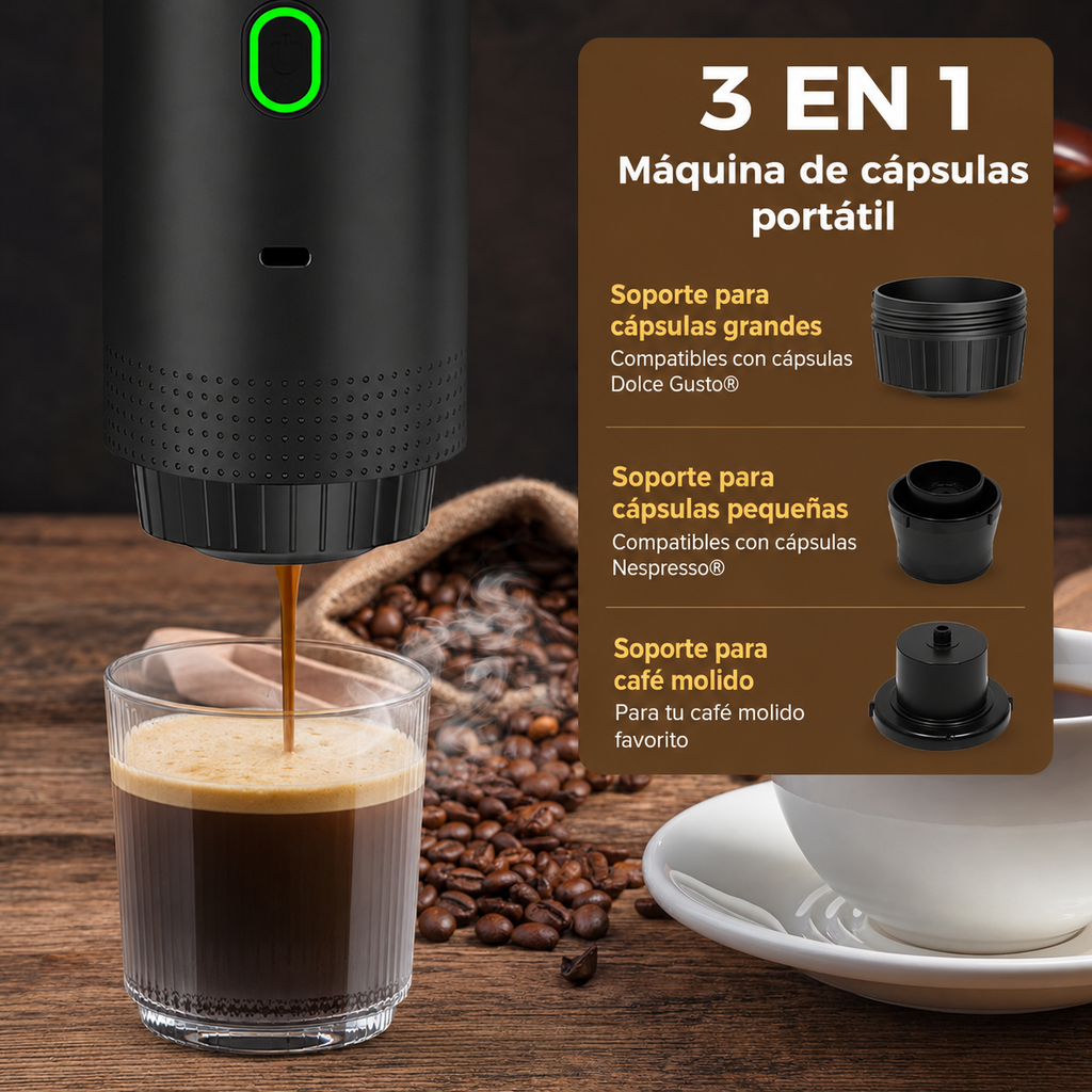 "Disfruta del café caliente en cualquier lugar en menos de 3 minutos" Compatible con cápsulas y café molido