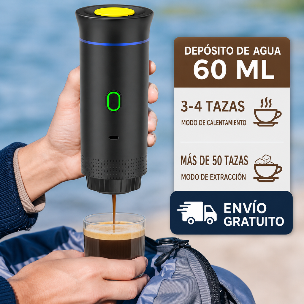 "Disfruta del café caliente en cualquier lugar en menos de 3 minutos" Compatible con cápsulas y café molido