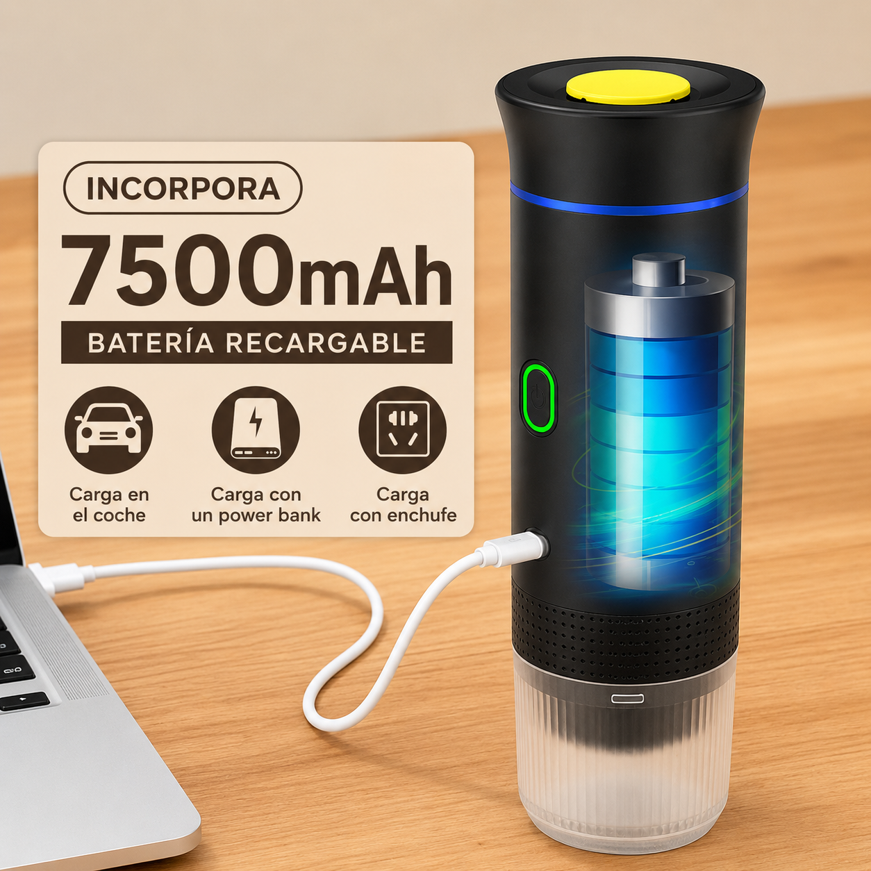 "Disfruta del café caliente en cualquier lugar en menos de 3 minutos" Compatible con cápsulas y café molido