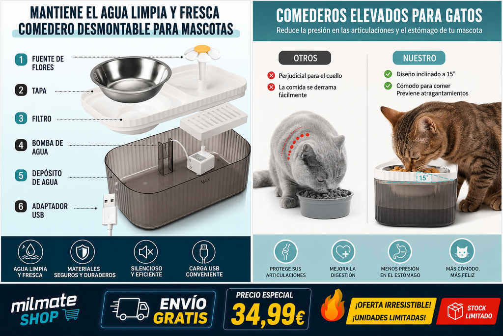 Comedero y bebedero de mascotas con fuente