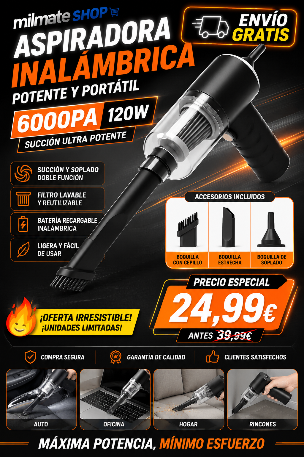 Aspirador de mano con función de soplido