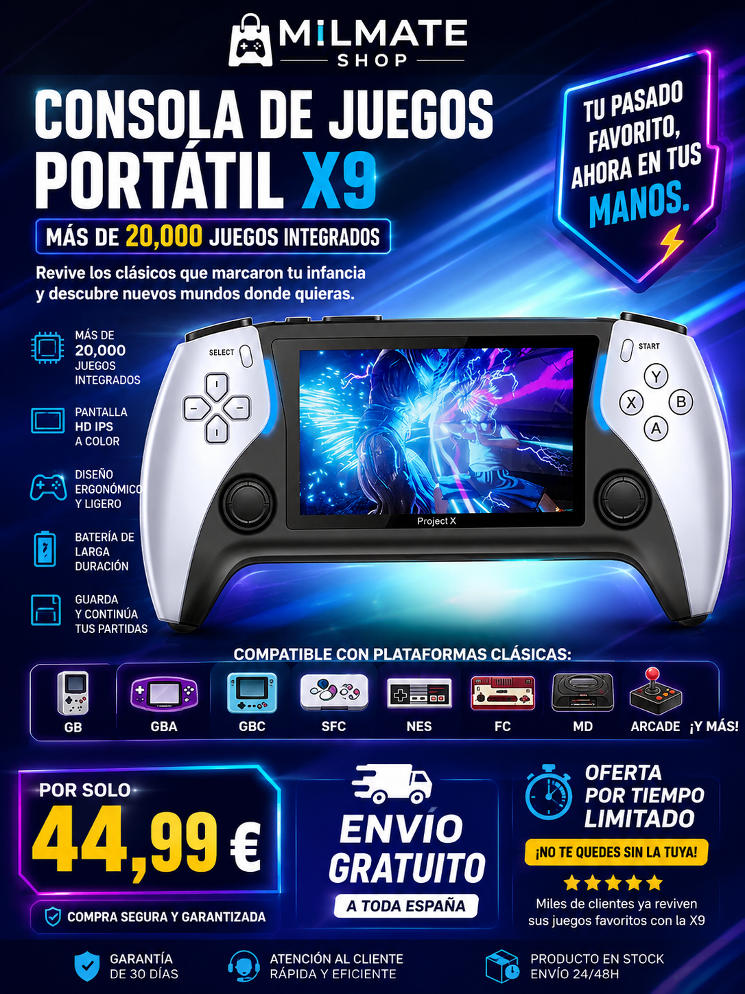 Consola de Juegos Portátil X9 - Pantalla IPS HD, Más de 20,000 Juegos.