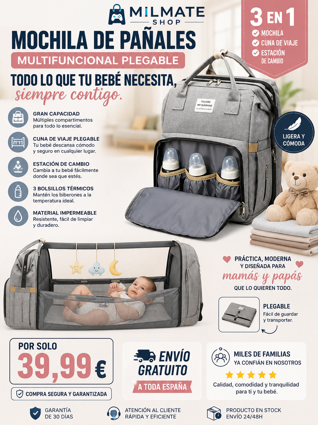 Mochila Mamá de Pañales Multifuncional Plegable - Cuna de Viaje y Estación de Cambio para Bebé, Estilo Unisex