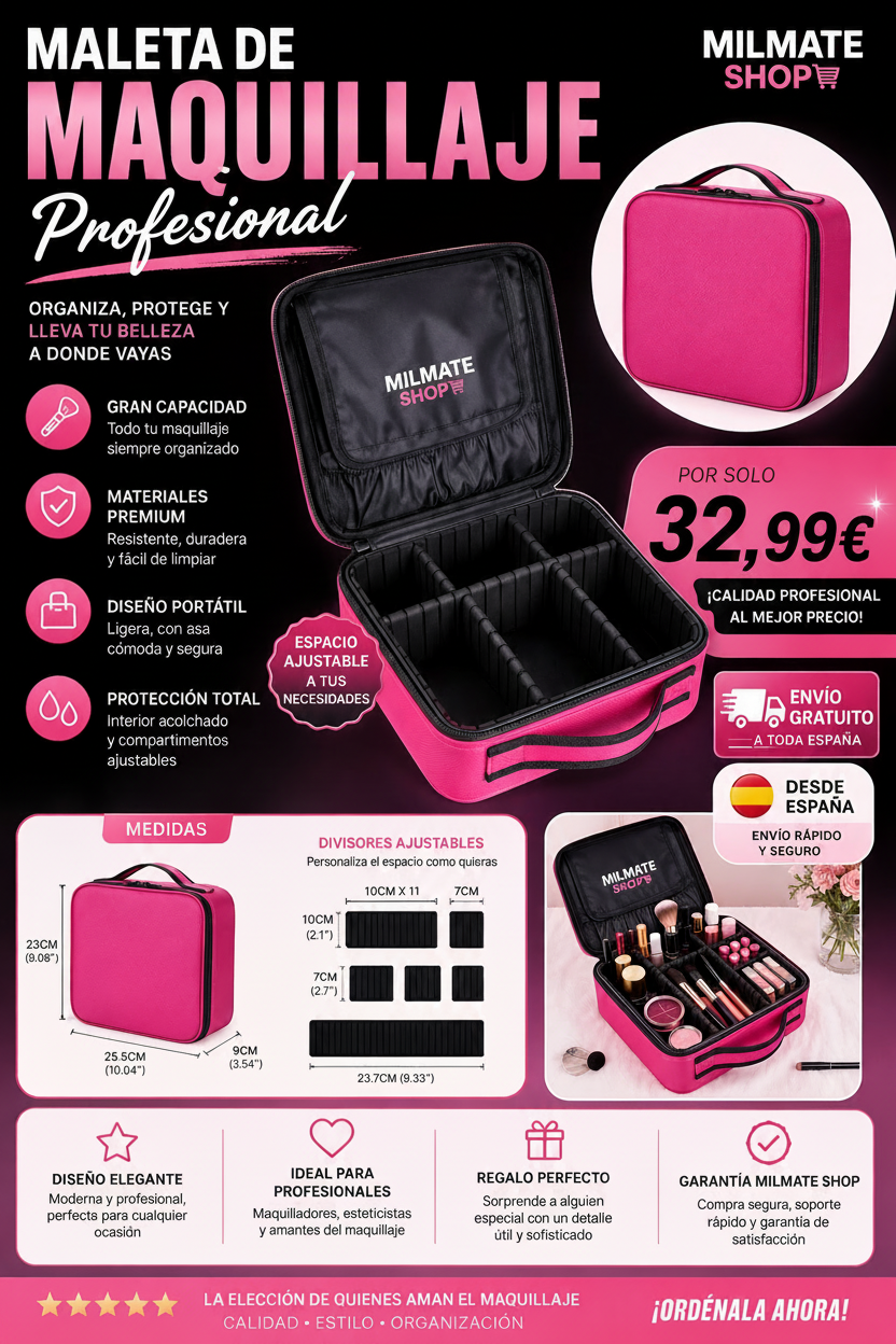 Maleta de maquillaje rosa, estuche para cosmeticos