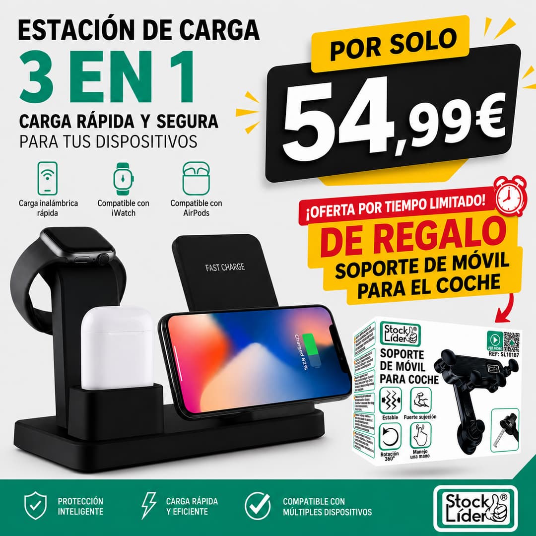 Cargador Inalámbrico 3 en 1 Qi – Teléfono, Reloj y Auriculares
