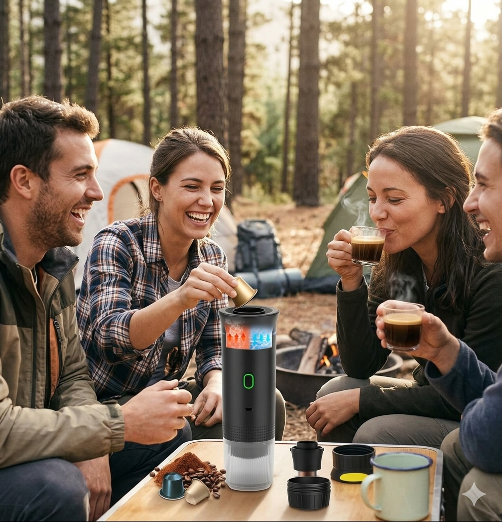 "Disfruta del café caliente en cualquier lugar en menos de 3 minutos" Compatible con cápsulas y café molido