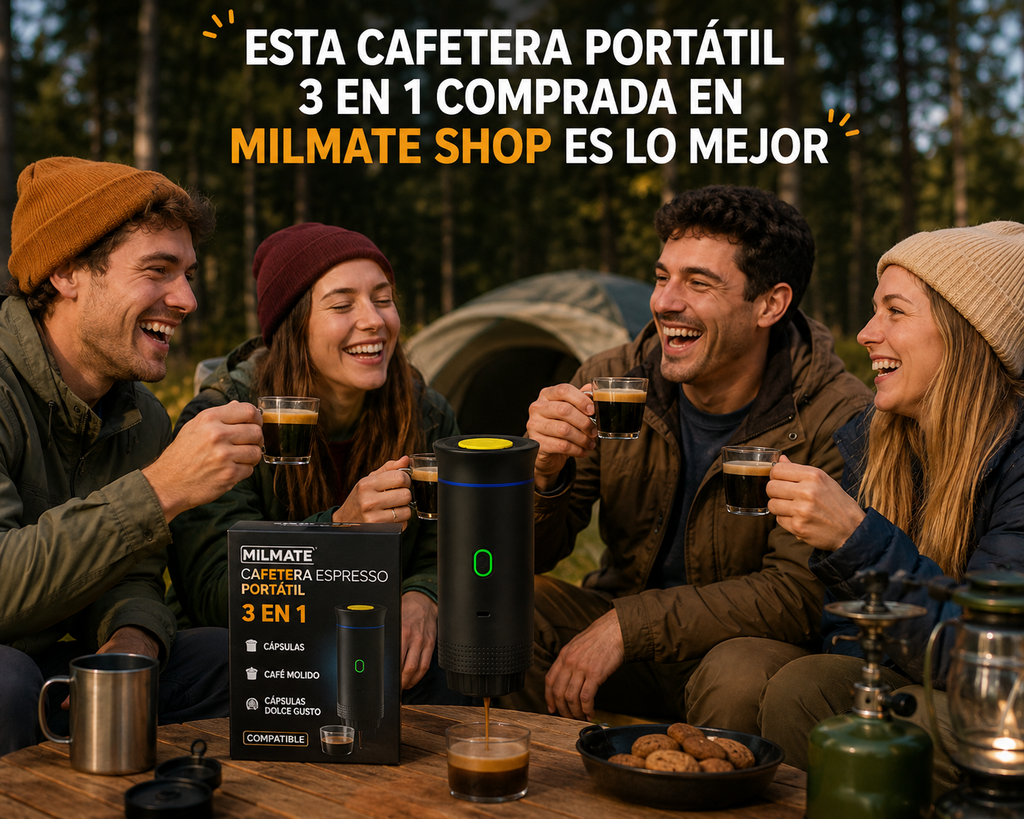 "Disfruta del café caliente en cualquier lugar en menos de 3 minutos" Compatible con cápsulas y café molido