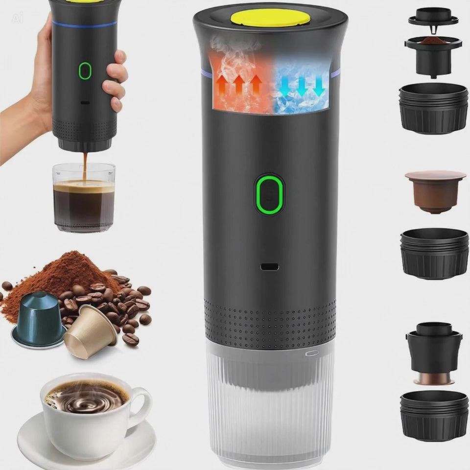 "Disfruta del café caliente en cualquier lugar en menos de 3 minutos" Compatible con cápsulas y café molido