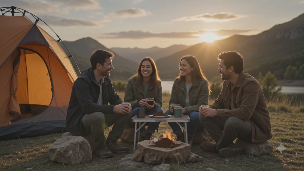 "Disfruta del café caliente en cualquier lugar en menos de 3 minutos" Compatible con cápsulas y café molido