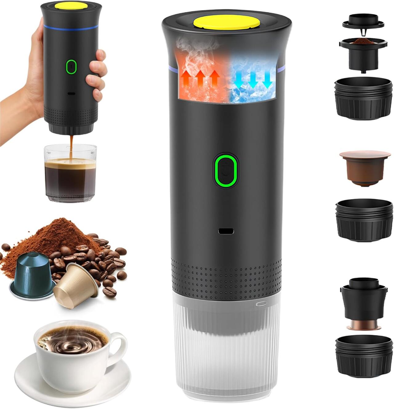 "Disfruta del café caliente en cualquier lugar en menos de 3 minutos" Compatible con cápsulas y café molido