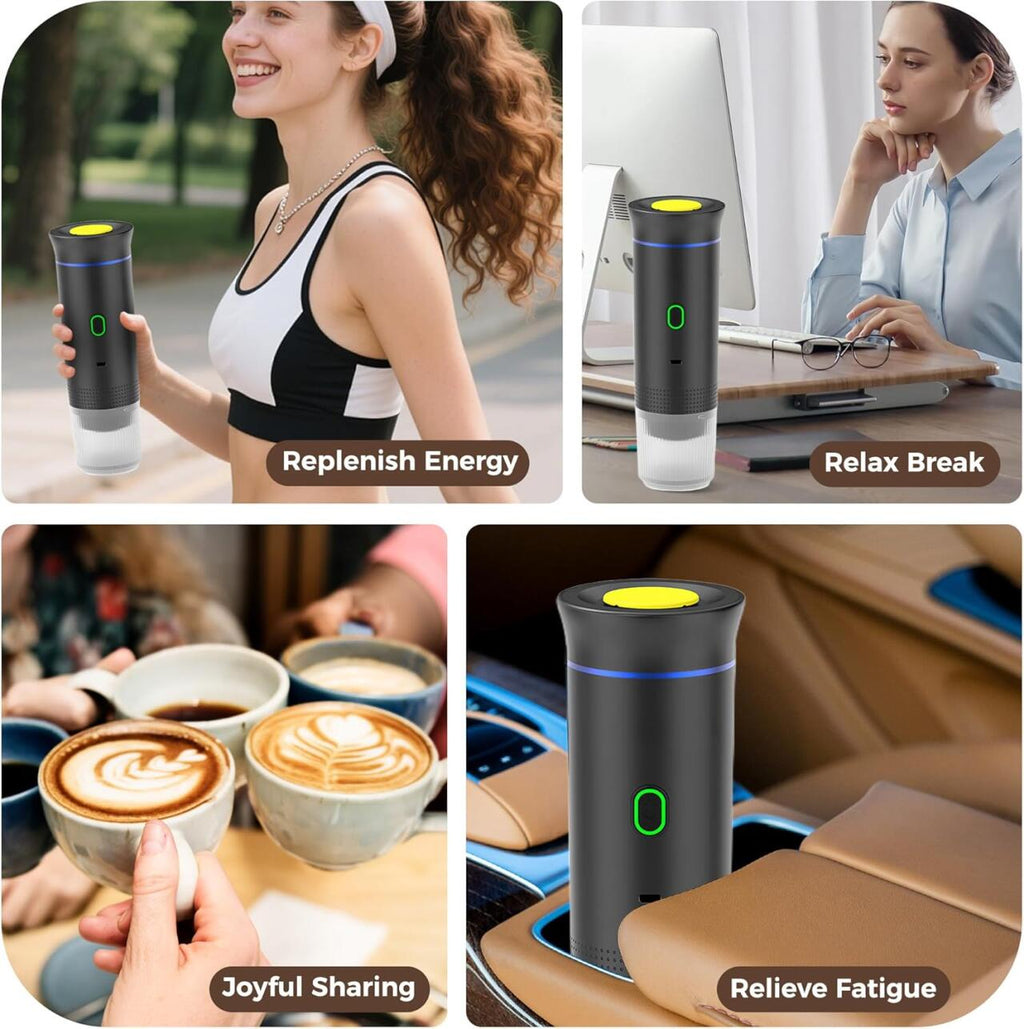 "Disfruta del café caliente en cualquier lugar en menos de 3 minutos" Compatible con cápsulas y café molido
