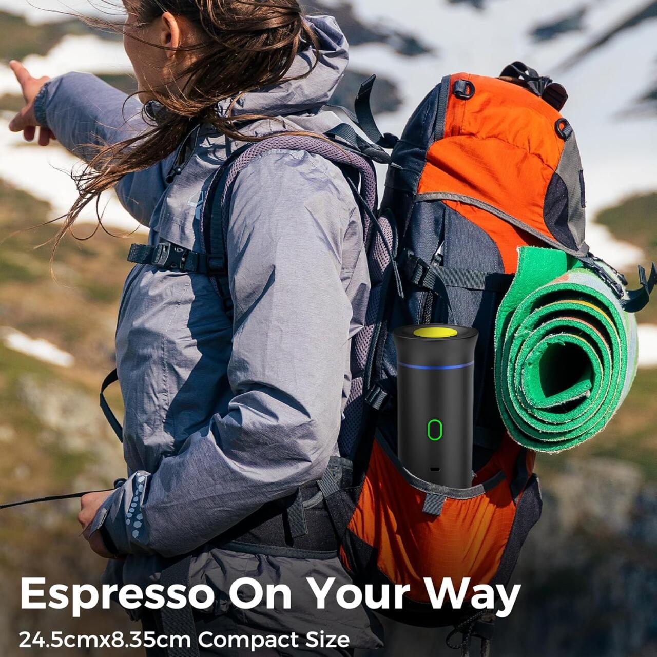 "Disfruta del café caliente en cualquier lugar en menos de 3 minutos" Compatible con cápsulas y café molido