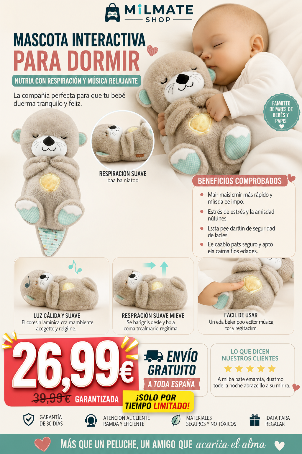 Peluche Nutria Interactivo para Bebés – Respiración y Música Relajante para Dormir